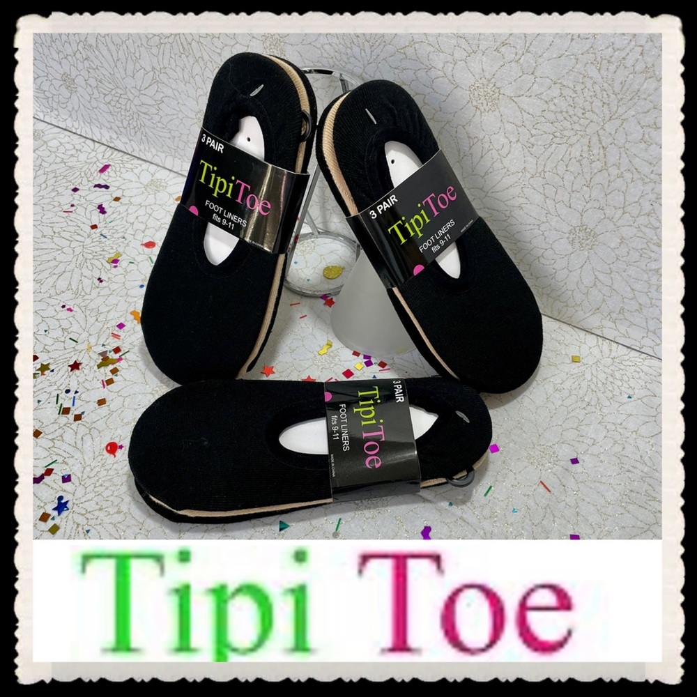 TIPI TOE SOCK LINERS. 3 SETS. 6 Black Socks & 3 Beige Sock Liners